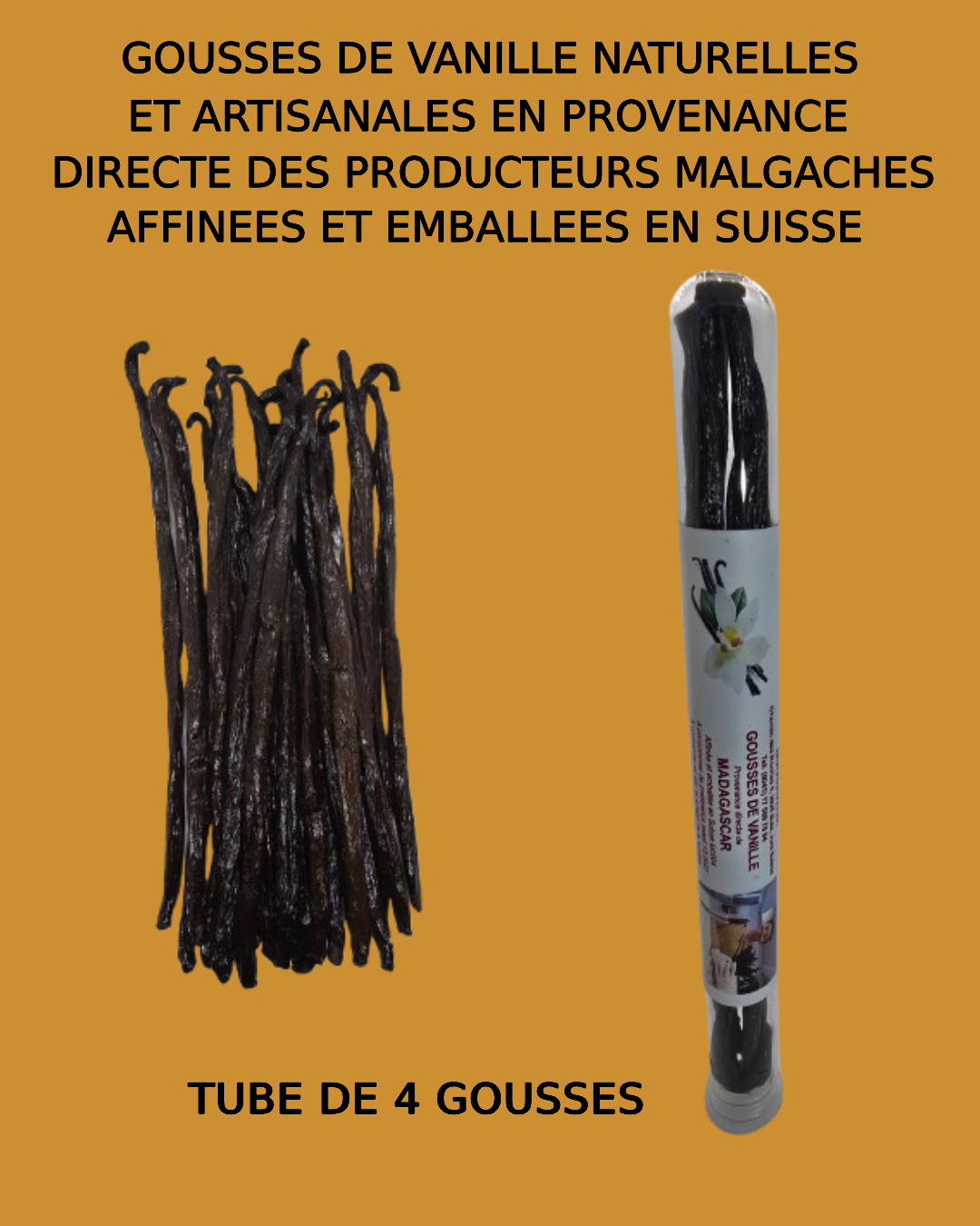 Gousses de vanille de Madagascar 100% naturelles en tube de 4 gousses